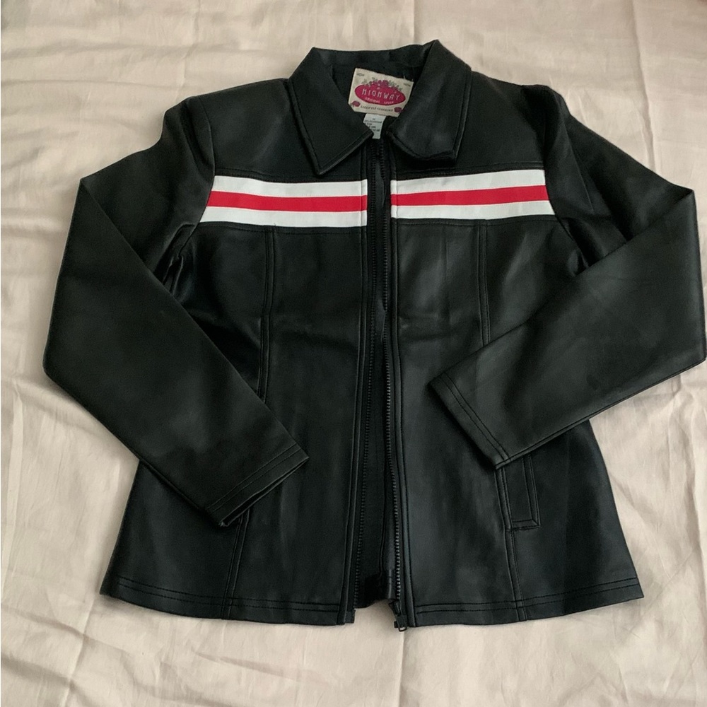 Highway Original Style Red and White Striped Black Faux Leather Jacket
